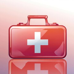 Obraz premium A glossy red first aid kit with a white cross symbol, reflecting light against a gradient background.