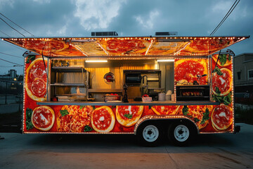 Food truck illuminated at dusk, specializing in pizza preparation and serving