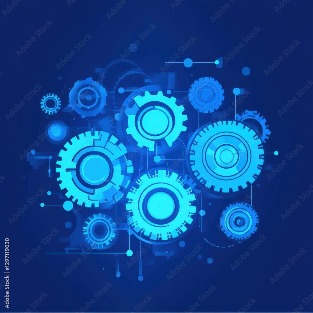Poster abstract blue gears background with intricate patterns and digital elements, evoking technology and 