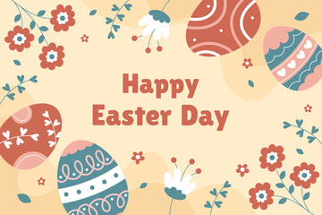 Obraz premium Spring Easter Celebration Banner Template with Colorful Easter Eggs and Fresh Green Leaves. Perfect for Holiday Greetings, Invitations, and Seasonal Promotion
