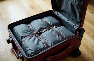 Open suitcase on wooden floor with packed clothes strapped inside