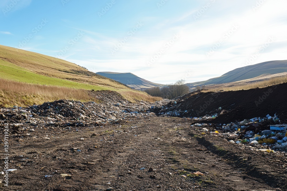 Aufkleber mountains of plastic waste fill landfill area under clear sky with open space for environmental conc