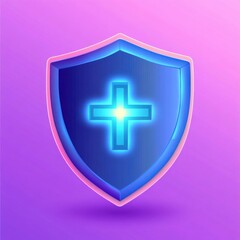 Obraz premium A vibrant blue shield emblem with a glowing cross, symbolizing protection and security.