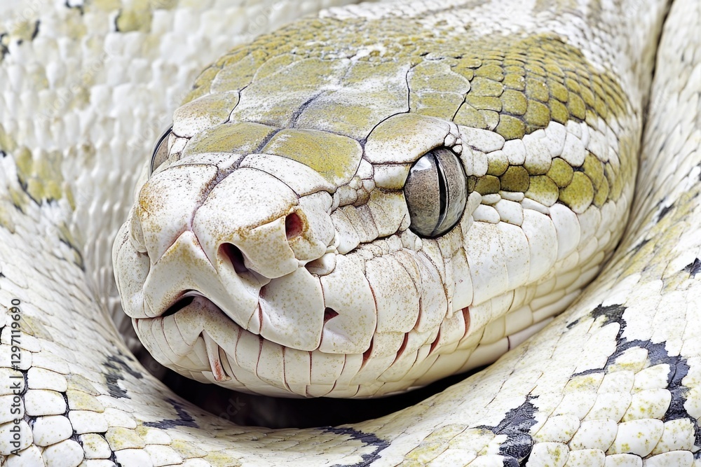 Poster a close-up image of a snake's head with distinctive features, suitable for use in educational or sci