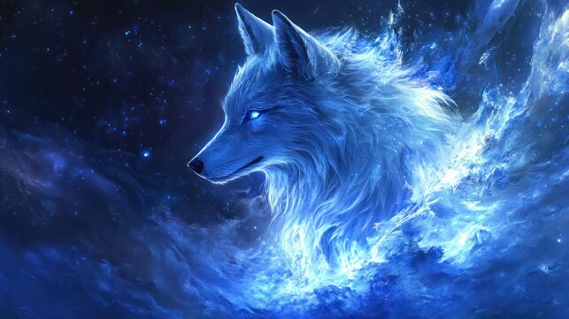 The stunning blue wolf in space with a starry background