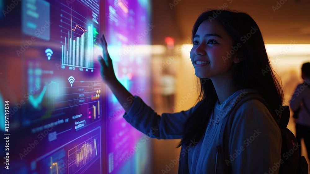 Poster businesswoman is touching a large interactive touchscreen display showing a business data analysis d