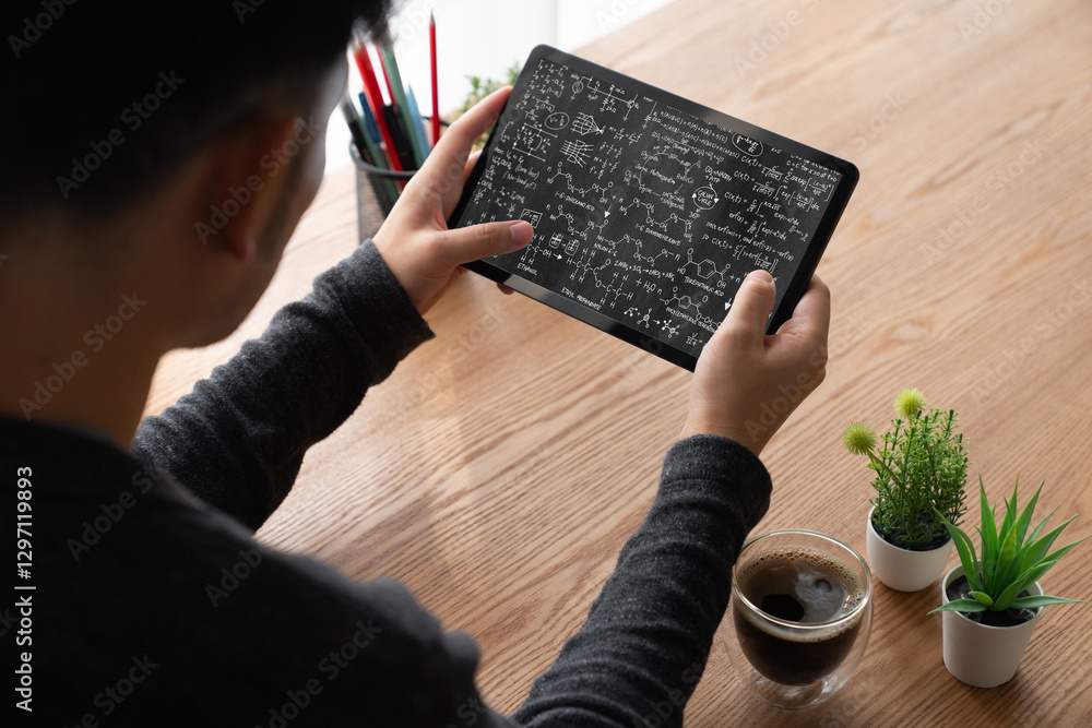 Poster mathematic equations and modish formula on computer screen showing concept of science and education