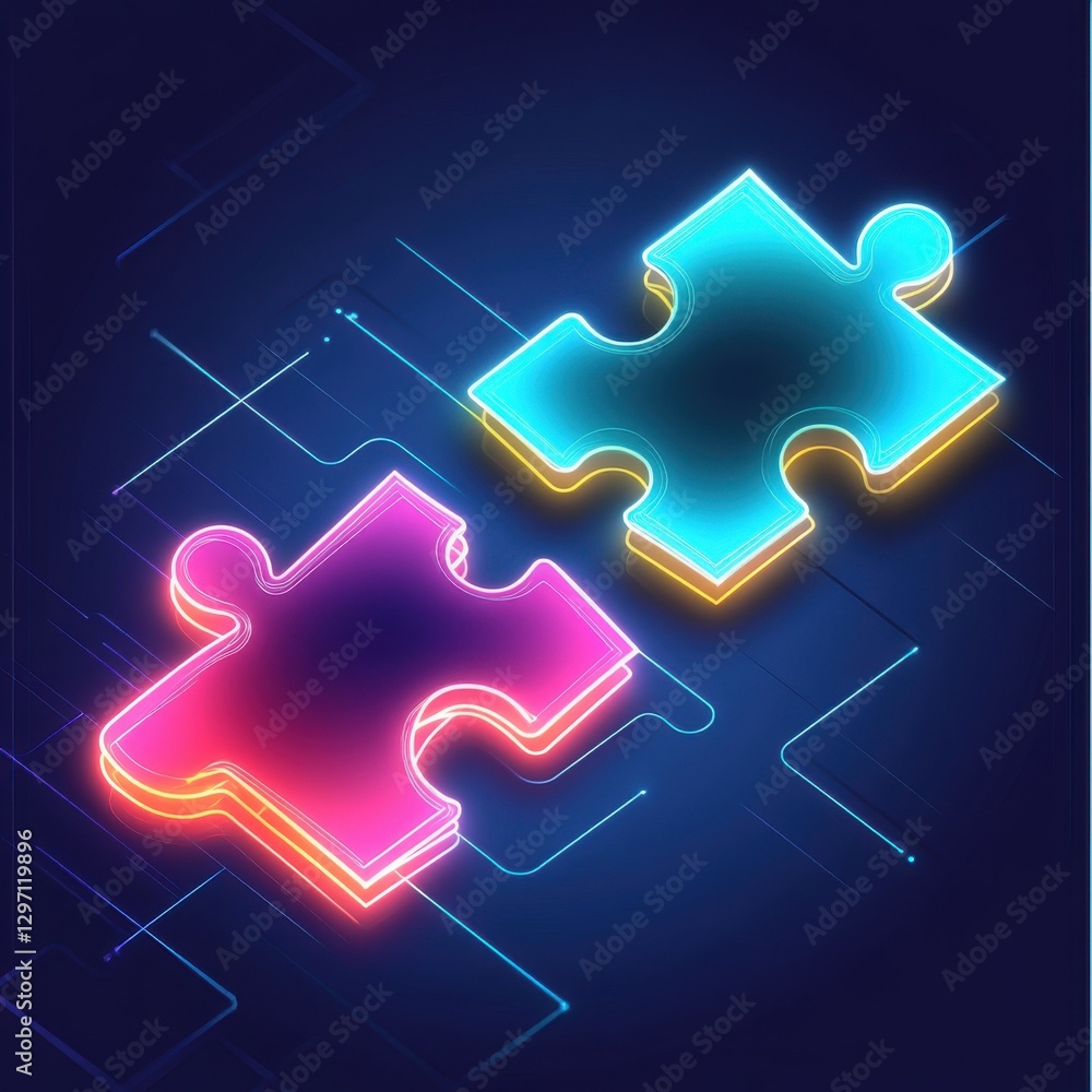 Poster two glowing puzzle pieces in pink and blue, symbolizing connection and problem-solving in a digital 