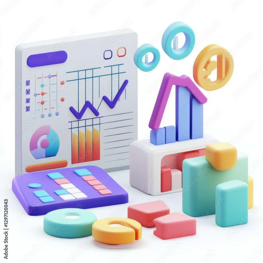 Poster colorful 3d geometric shapes and graphs representing data analysis and growth