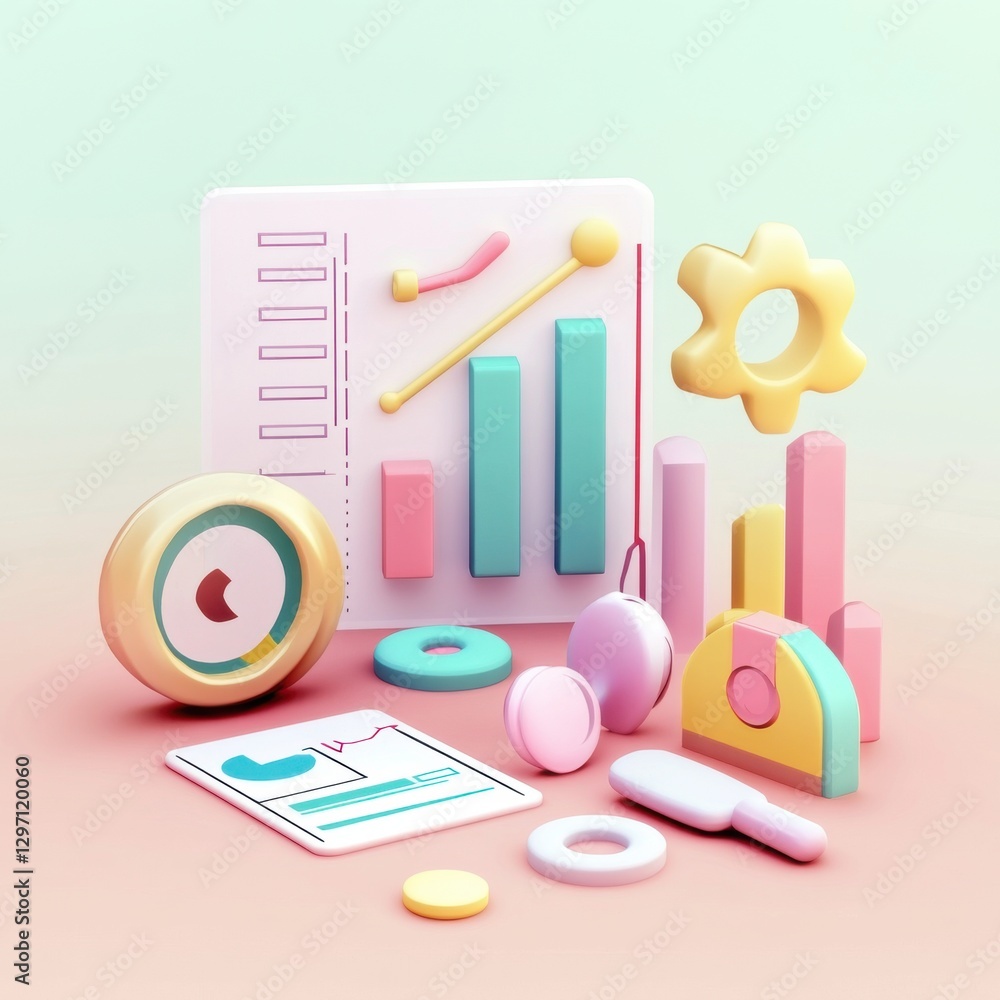 Poster colorful 3d business icons representing data analysis and growth, featuring charts and graphs in pas
