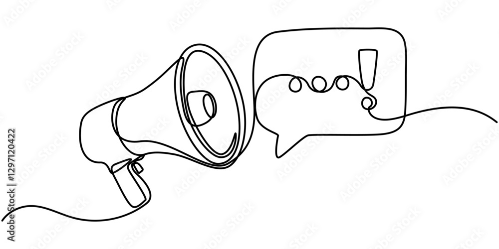 Poster continuous single line sketch drawing of megaphone exclamation mark attention warning sign one line 
