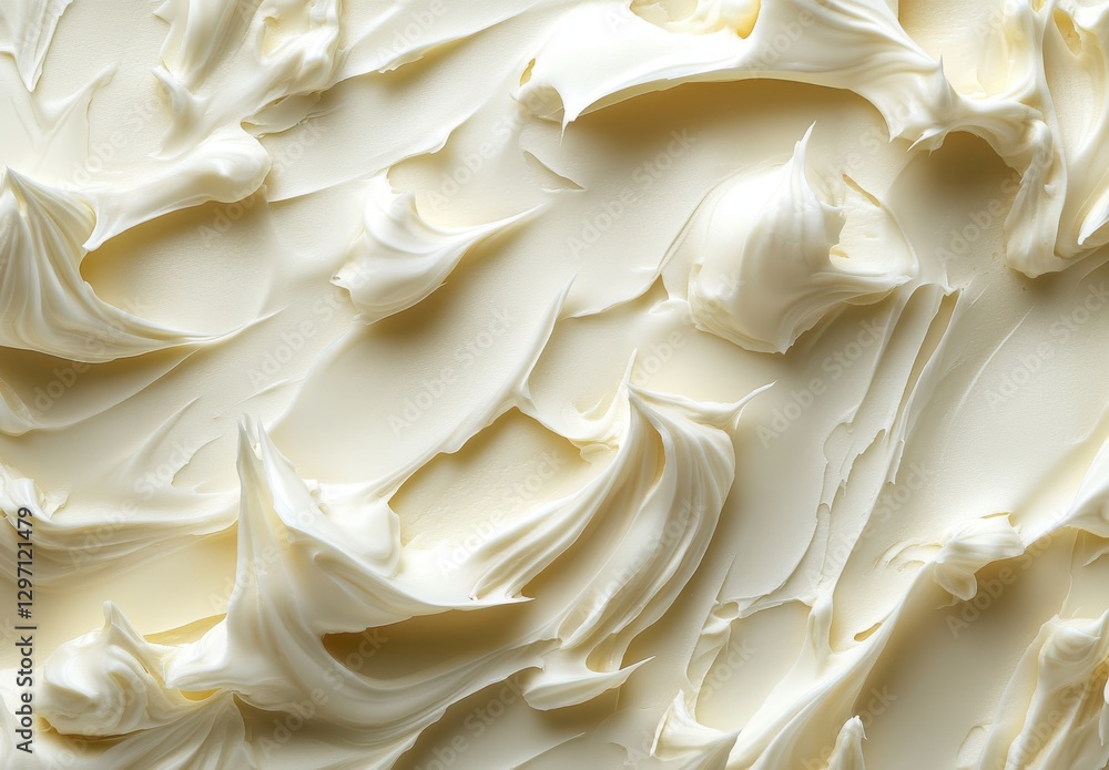 Poster creamy white butter spread on surface with smooth and textured patterns, ideal for culinary and food
