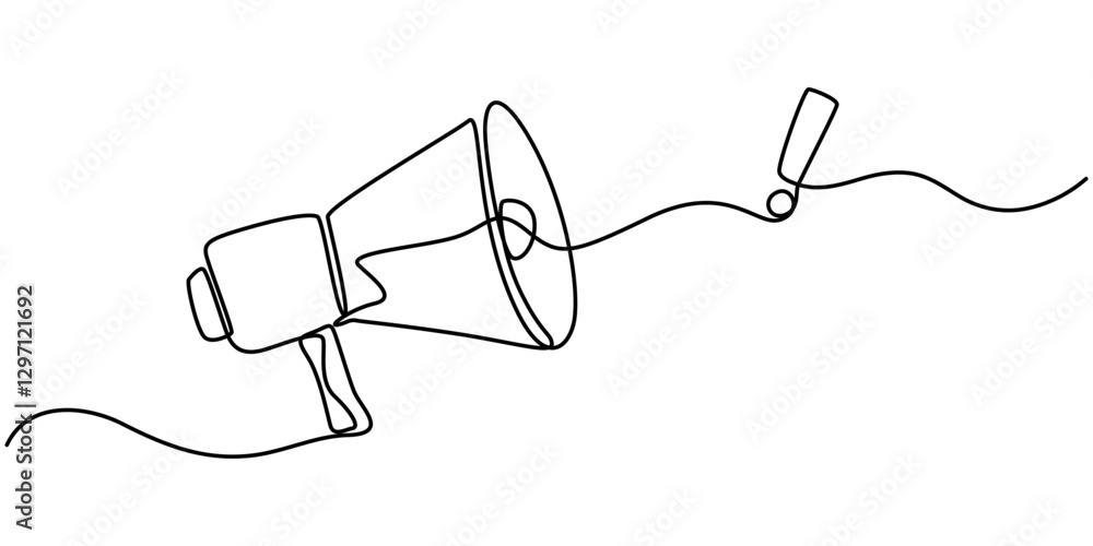 Poster continuous single line sketch drawing of megaphone exclamation mark attention warning sign one line 