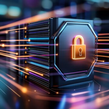 Cybersecurity Fortress: A digital representation of a secure server with a glowing padlock, protected by a network of vibrant data streams, symbolizes the robust protection of data.