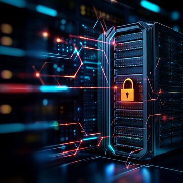Cybersecurity Server Protection: A powerful image depicting a secure server rack with a glowing padlock, signifying robust data protection and digital safety within a futuristic data center.