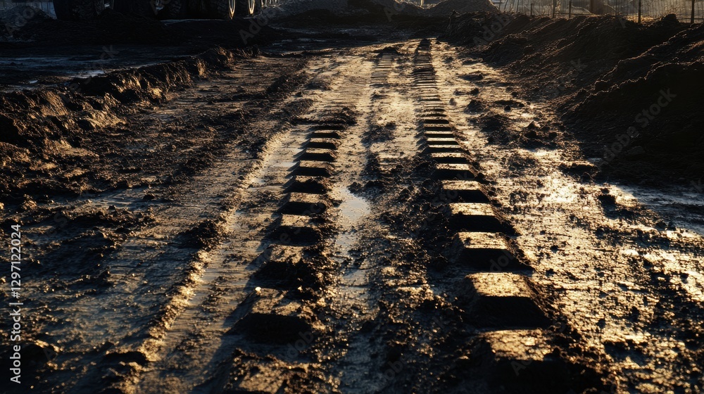 Aufkleber rugged track with deep tire marks in muddy terrain during late afternoon light. generative ai