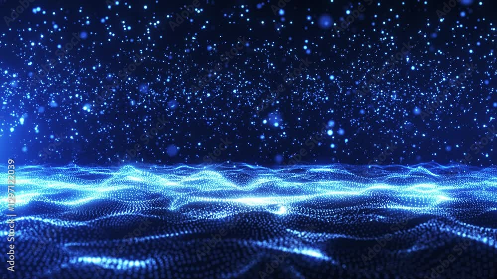 Poster abstract glowing digital cyber wave composed of particles and dots moves on a blue background, brigh