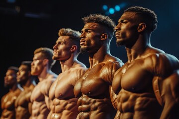 Group of muscular bodybuilders posing on stage during a bodybuilding competition
