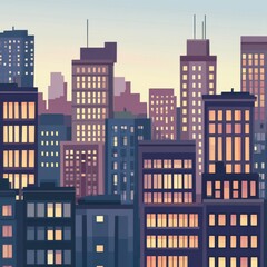 A colorful city skyline at dusk, showcasing a blend of modern and traditional architecture.