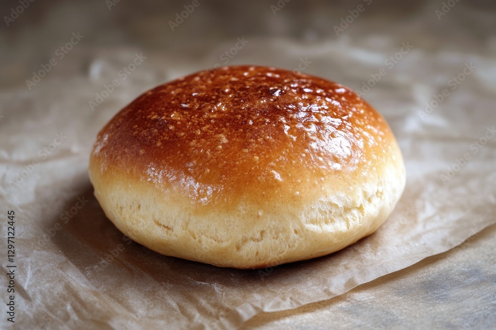 Poster a close-up view of a single bun placed on a piece of paper, ideal for use in recipes or food-related