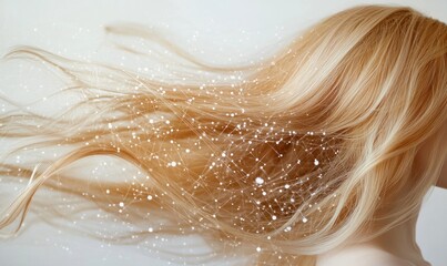 Obraz premium Woman's blonde hair flowing, light background, hair care ad