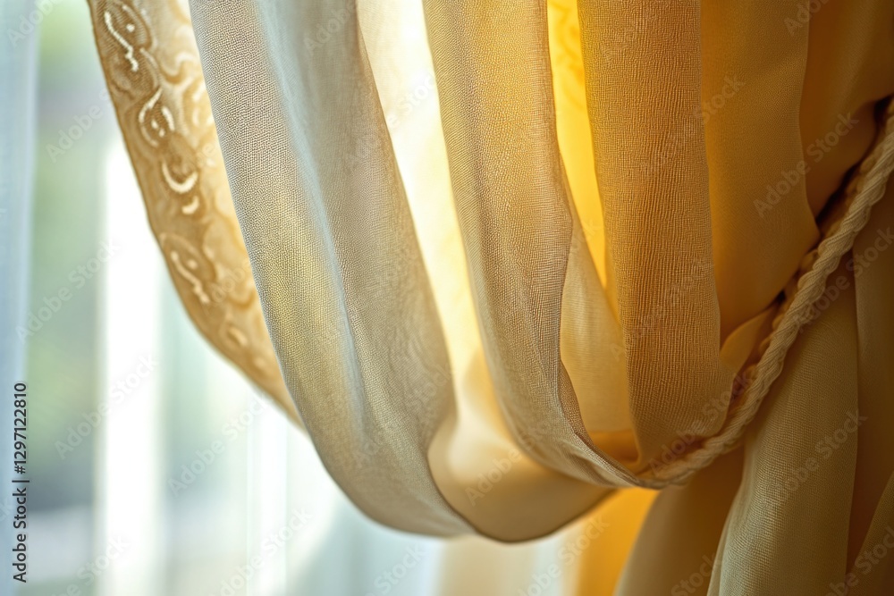 Poster a close-up view of a curtain hanging from a window, with a subtle texture and folds visible