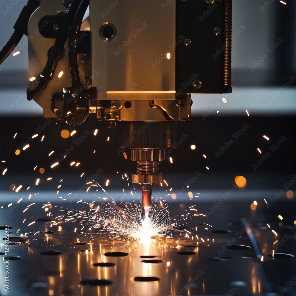 Poster close-up of a metal cutting machine generating sparks in a factory setting.