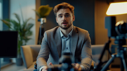 Casual Man Recording Video in Living Room Setup