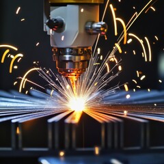 Close-up of a laser cutting machine, creating sparks and intense light on metal surfaces.