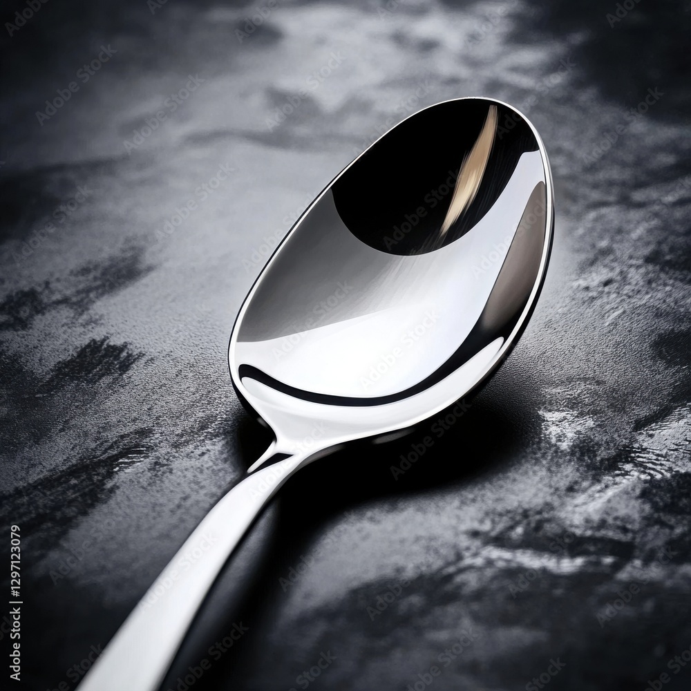 Poster close-up of a shiny silver spoon on a dark textured surface, showcasing its elegant design and refle