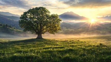 Fototapeta premium Sunrise over misty mountain valley, lone tree, peaceful landscape; nature background