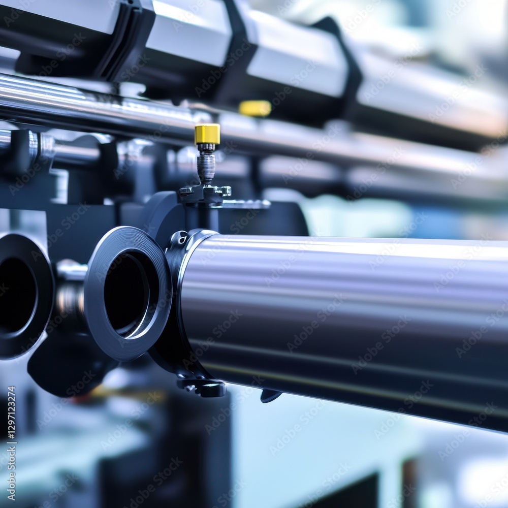 Poster close-up of a metallic industrial pipe assembly with a glossy finish and precision components.