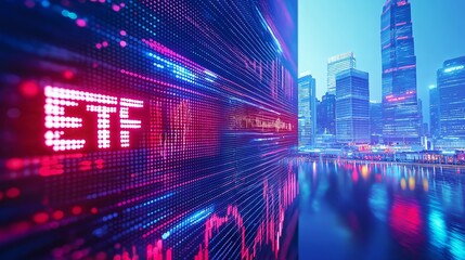 Fototapeta premium ETF digital stock market display in a futuristic cityscape, symbolizing financial technology, investing trends, and modern global trading strategies, Generative AI