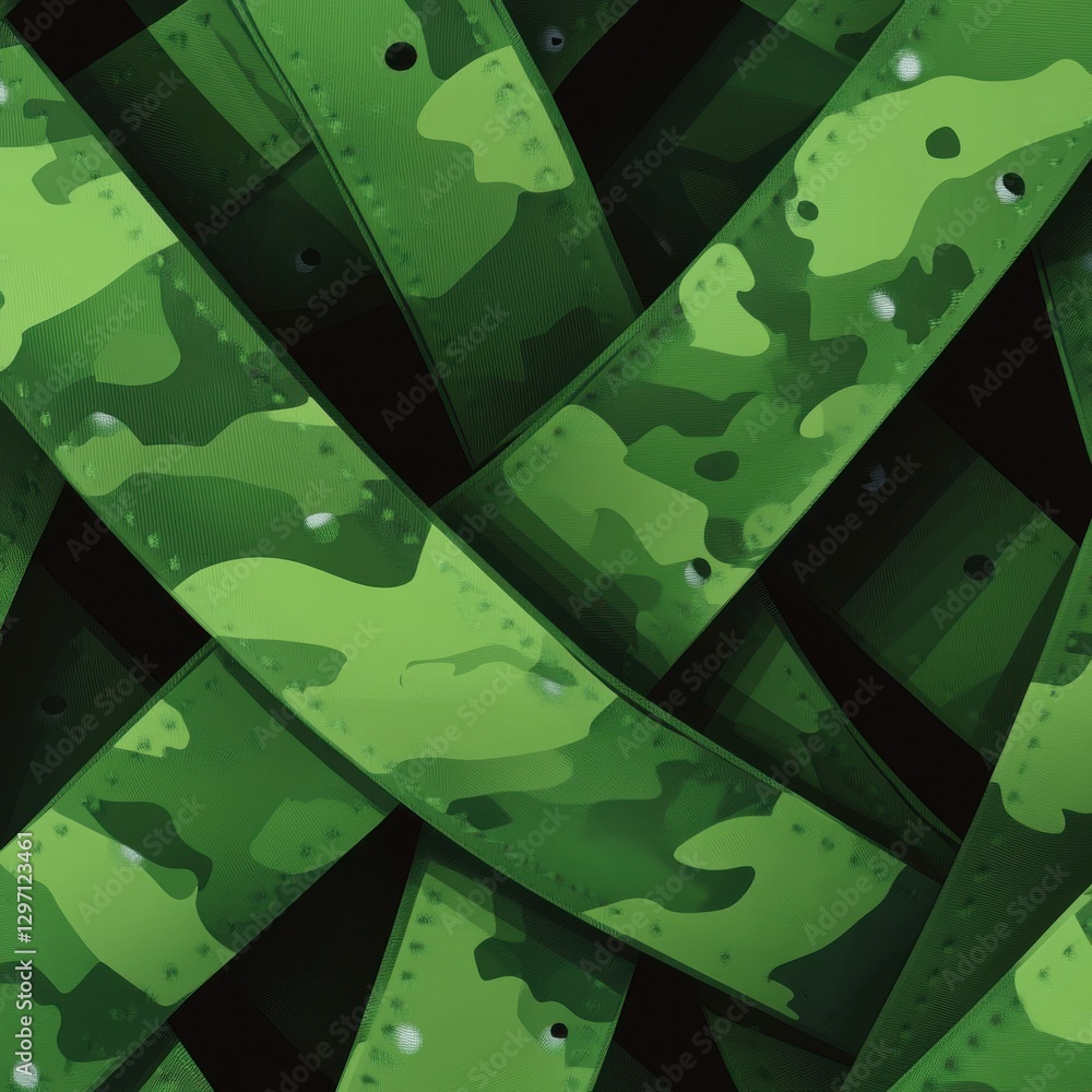 Aufkleber a vibrant, abstract pattern of green camo ribbons intertwined, creating a textured and dynamic visua