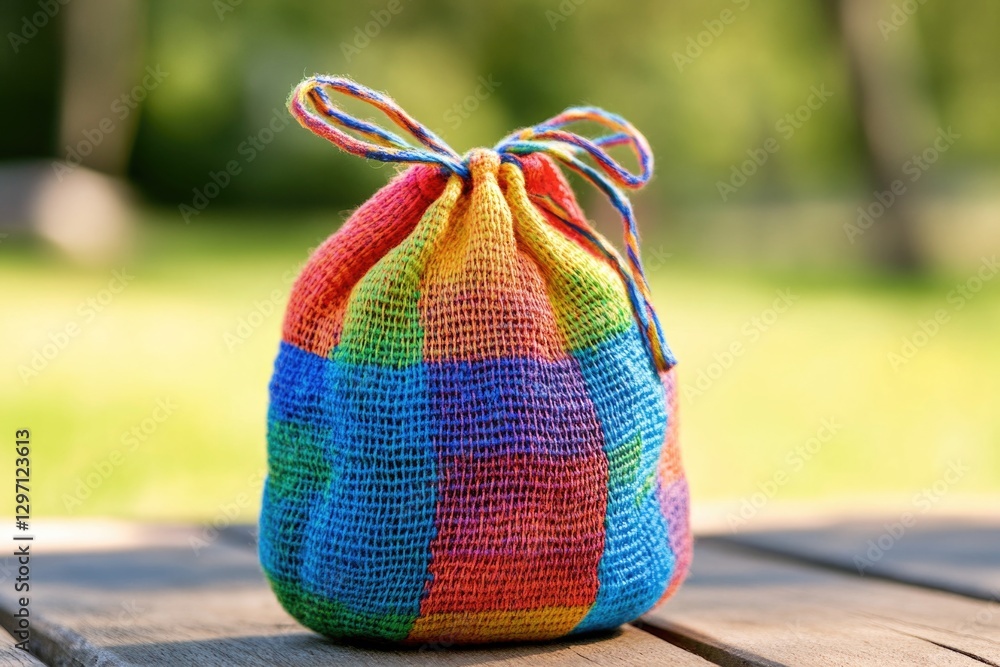 Poster a brightly colored bag sits atop a rustic wooden table, perfect for adding a pop of color to your de
