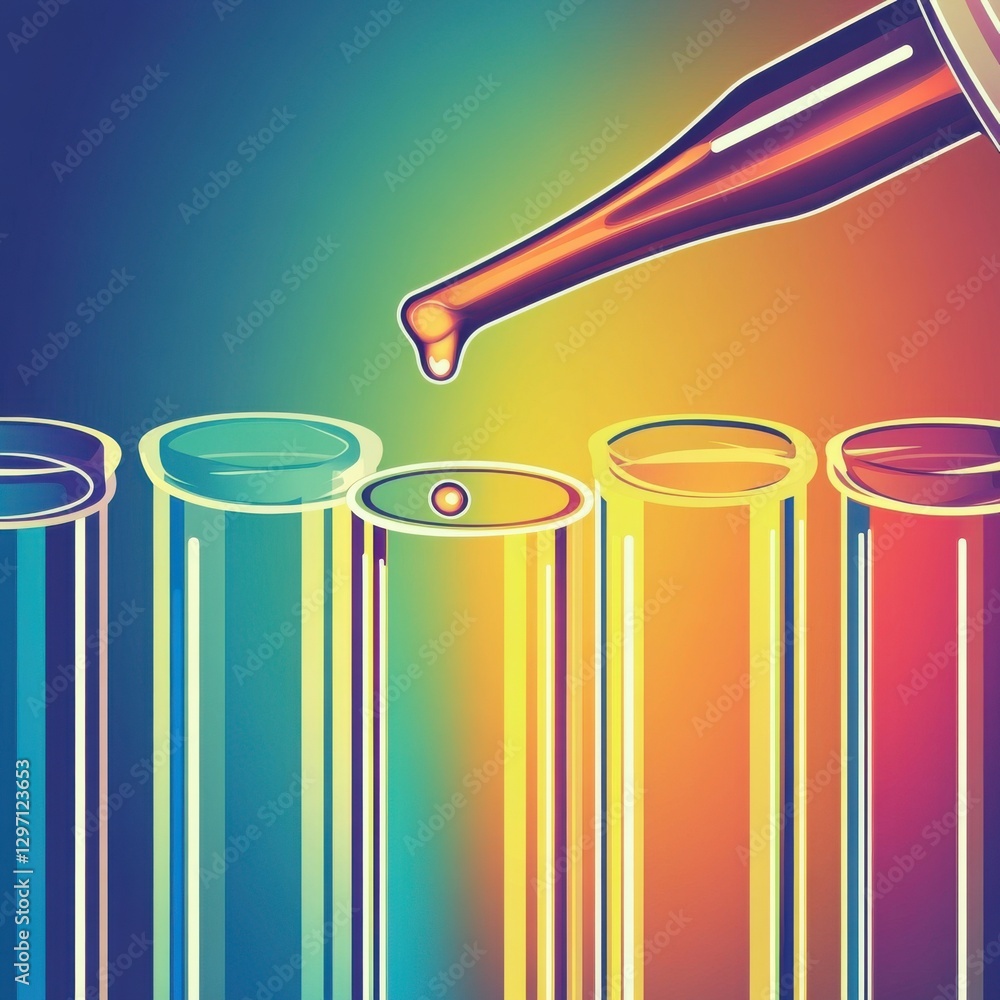 Poster colorful dropper adding solution to test tubes in a vibrant laboratory setting.