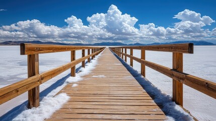 Obraz premium Long Wooden Walkway on Salt Flat Under Bright Blue Sky
