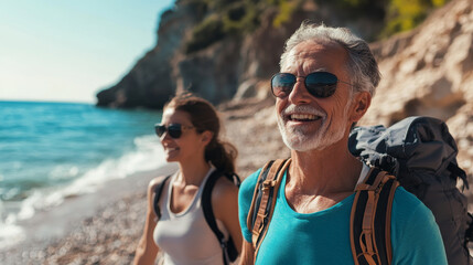 Obraz premium Senior Couple Enjoying a Beach Walk in the Sun