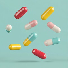 Colorful capsules of various shapes and sizes floating against a soft teal background.