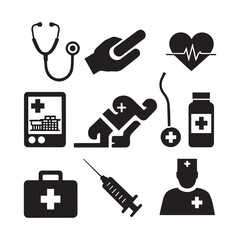 A set of 10 medical-themed silhouette icons with a minimalist black and white design