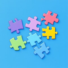 Colorful puzzle pieces scattered on a bright blue surface, inviting creativity and play.