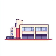 Stylized illustration of a modern industrial building with large windows and bold colors.