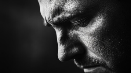 Obraz premium Close-Up of Man in Thoughtful Expression in Black and White