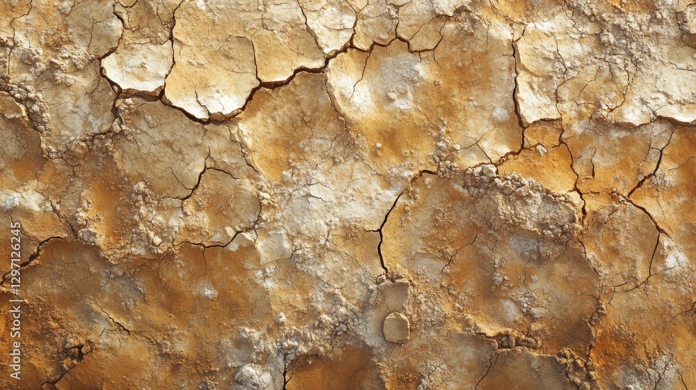 Poster Dry cracked earth surface with textured patterns reflecting sunlight in a natural setting. Generative AI