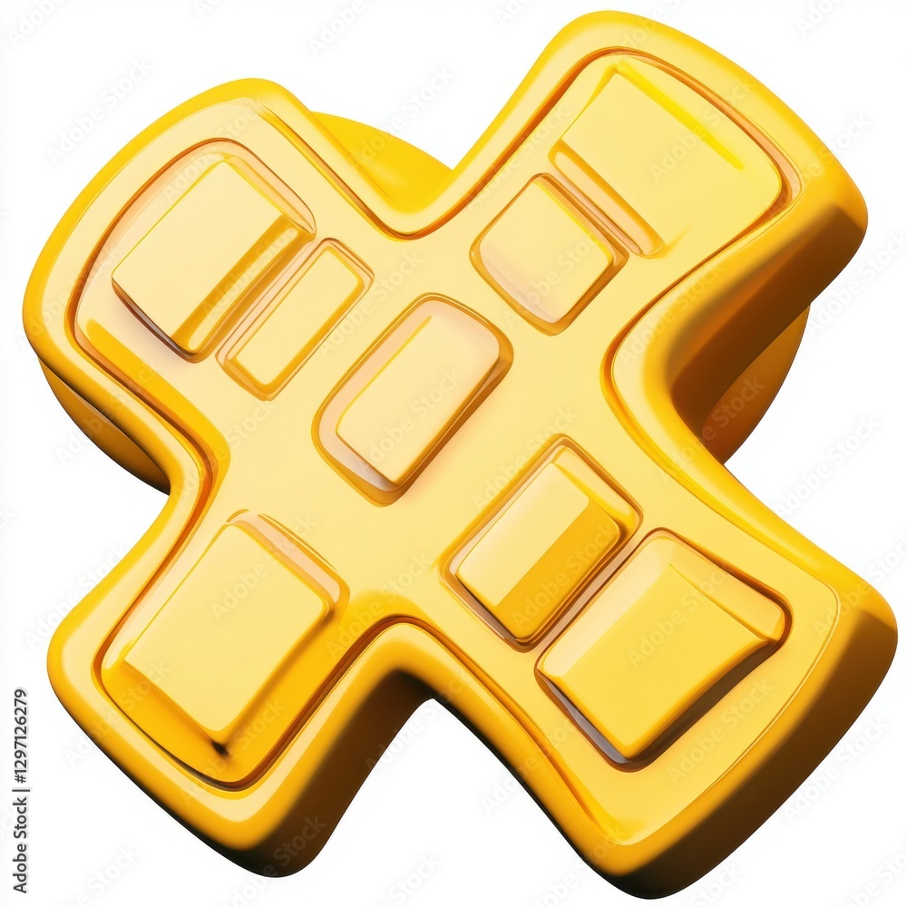 Poster bright yellow 3d button with a unique cross shape, symbolizing interactivity and engagement.