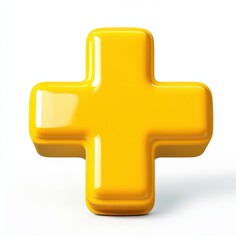 Obraz premium Bright yellow plastic cross symbol isolated on a white background.