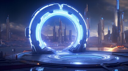 Obraz premium In a sci-fi setting, a futuristic cybernetic portal gleams with neon lights and digital components