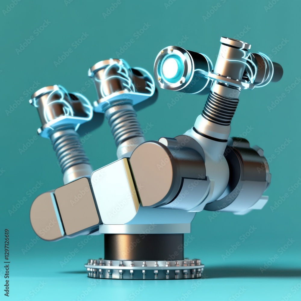 Poster stylized robot arm with three mechanical joints on a mint background, representing advanced technolo