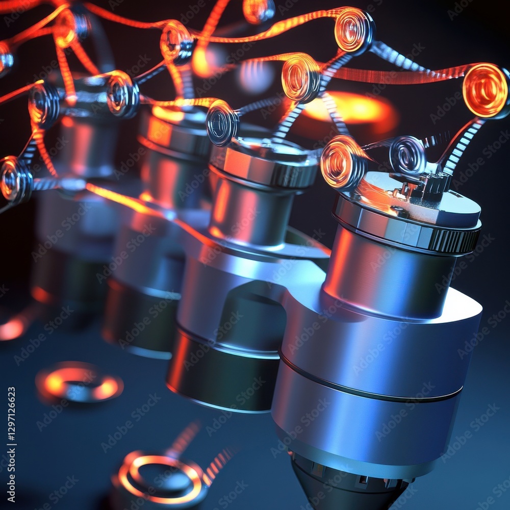 Poster close-up view of futuristic robotic components showcasing intricate technology and vibrant light tra
