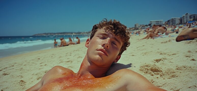 Young man sunbathing on sandy beach, ocean view